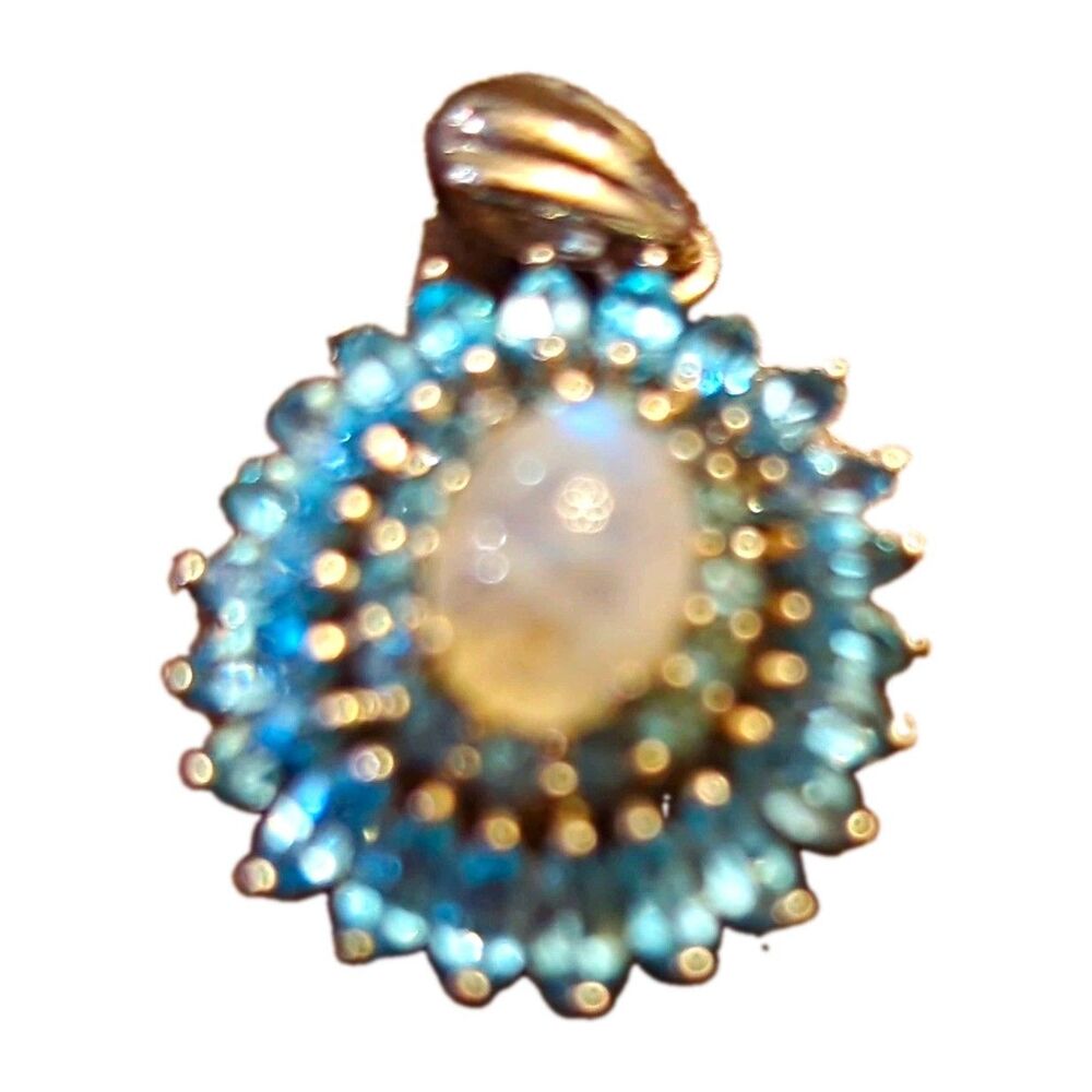 Silver Tone Round Halo Pendant Charm, Blue Crystal, Oval White Stone Prong